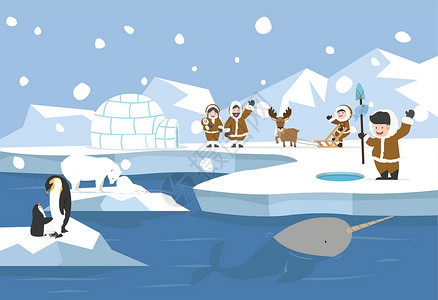 宝宝屋具有爱斯基摩伊格卢冰屋家庭背景的北极景观插画