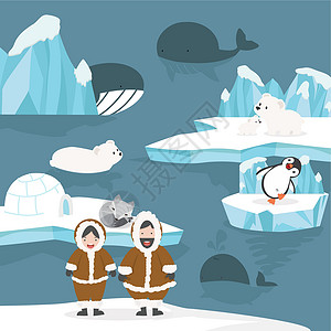 海屋动物和人北极的漫画背景插画