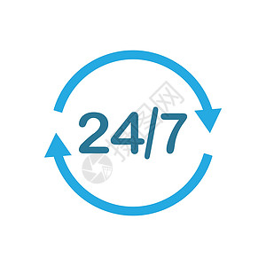 7X24小时24 小时 7 天图标 时间时钟图标矢量图 平面设计互联网纽扣圆形插图服务网络黑色蓝色标识电脑设计图片