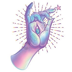 阿雷帕斯诸佛手具全视眼 迷幻色彩 手绘插图 邀请元素 占星术炼金术和魔法符号 抽象宇宙星星上帝全息蓝色手势头脑紫色眼睛手印瑜伽设计图片