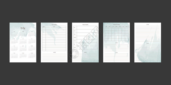 2026 年日历和每日每周每月计划者系列 带有抽象水彩斑点 星期从周日开始印迹办公室手绘个人季刊规划师记事簿日记年度计划插画