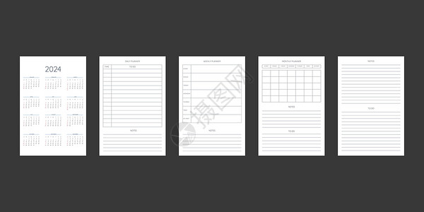 经典严格风格的 2024 年日历和每日每周每月个人计划日记模板 商务笔记本月历个人日程极简主义内敛设计 星期从周日开始网格商业记背景图片