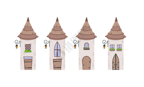 阿莱塔一套塔形建筑 上面有屋顶 窗子和木门 石头建筑 卡通风格 矢量插图插画