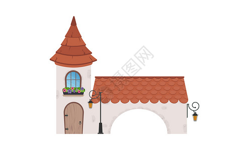 老屋顶有塔和拱的房子 有窗户 门和屋顶的石头建筑 卡通风格 用于游戏和书籍的设计 孤立 矢量图插画