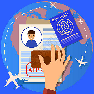 护照或签证申请 旅行移民印章 工作准证 商业和生活方式平面设计矢量图插画