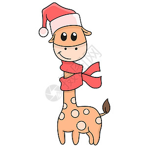 庆祝长颈鹿与帽子圣诞节 涂鸦图标图像背景图片