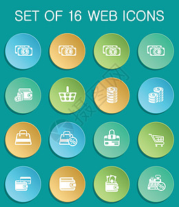 彩色圆形按钮上的电子商务 web 图标笔记硬币钱包销售营销大车收银机商城信用卡货币背景图片