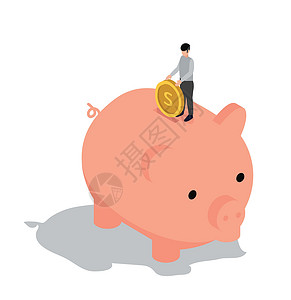 拿着黄线猪站在猪银行里的人 拿着硬币一分钱设计图片