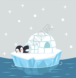 宝宝屋企鹅睡在伊格卢冰屋插画