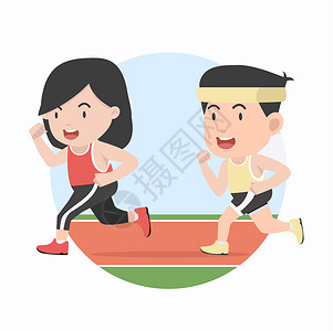 跑步女子男子和女子以赛跑平板风格在马拉松比赛中慢跑设计图片