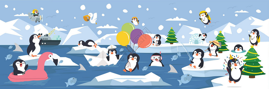 企鹅科动物北极北极家族企鹅背景设计图片