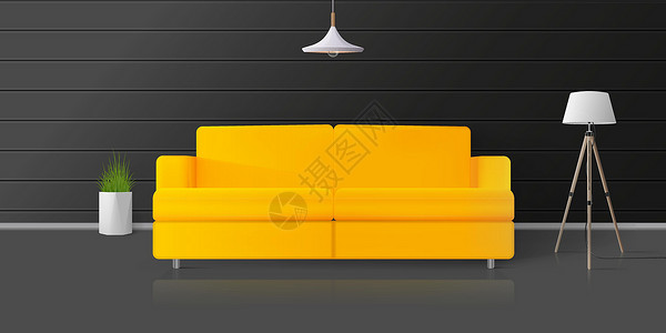 LED洗墙灯黑暗房间的黄色沙发 室内植物 地板灯 现实化的矢量时尚阁楼插画
