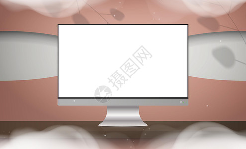 木桌子带白色屏幕的显示器站在木制桌子上 粉红色的房间有时髦的设计 准备做广告的标语 矢量插图 现实风格设计图片