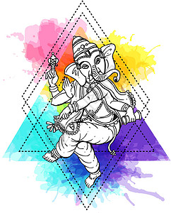 印度神话矢量图和 Ganesh创造力绘画精神水彩邀请函艺术瑜伽仪式文化偶像插画