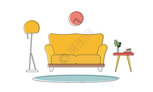 木头沙发在彩色线艺术风格中的内涵元素 地毯 房子 书本 抽屉箱 地板灯 沙发设计图片