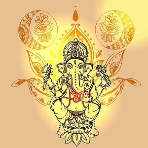 印度神矢量图和象头神瑜伽艺术邀请函仪式宗教冥想创造力繁荣精神插图插画