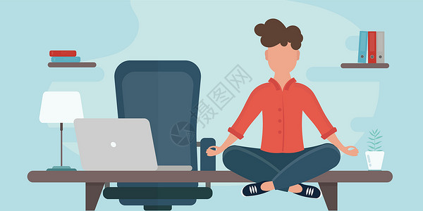 居家男性坐在床上用电脑查阅资料做瑜伽 年轻人在工作时用电脑坐在莲花桌边休息 卡通风格的男子办公室冥想 矢量插图设计图片