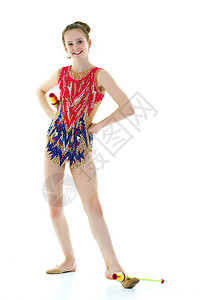 穿运动泳衣的小女生体操运动员芭蕾舞编舞杂技婴儿乐趣青年裙子头发艺术家瑜伽背景图片