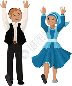 年轻的舞者正在跳犹太民族舞蹈 跳舞的男孩和 gitlIsrael 以色列的霍拉插画
