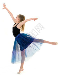 青少年少女女青年站在Tiptoe和期待的侧面快乐杂技脚尖女郎芭蕾舞童年运动员体操孩子裙子背景图片