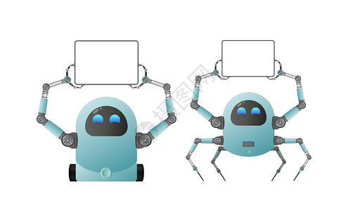 小型机器人一个小型未来派机器人拿着一个白色的标志 上面有文字空间 孤立 向量插画