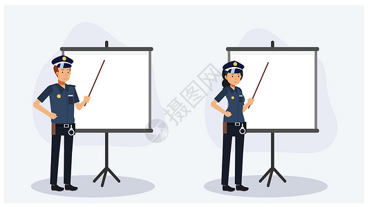 白色板子警察和女警察正指着板子 空白板 Flat矢量 2D 卡通人物插图插画