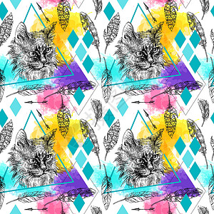 三角形猫素材猫的无缝图案素描打印艺术品插图纺织品艺术荒野动物手工钢笔画羽毛插画