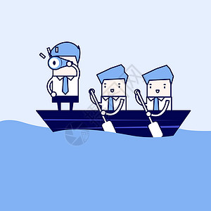 木偶水中划艇上船的商务人士 两条划船的船长 一位总经理 领头 卡通字符薄线风格矢量插画