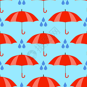 红色雨伞无缝模式隔离在蓝色背景上 可爱的卡通雨 平面设计矢量图背景图片