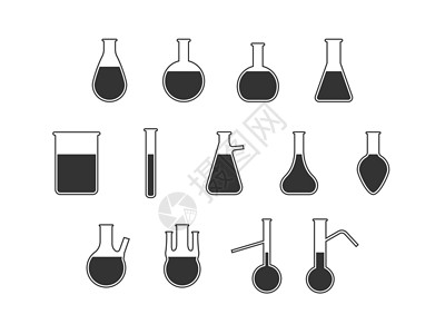 烧杯图标玻璃瓶 实验室图标 矢量插图 平面设计测量科学学习化学烧瓶管道学校瓶子测试大学插画