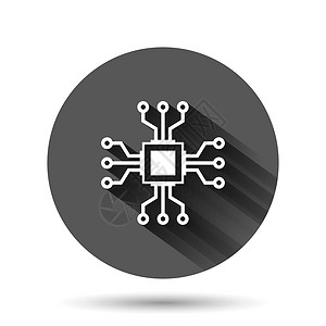 容量图标平式计算机芯片图标 电路板矢量插图以黑色圆背景显示 并产生长阴影效应 Cpuc 处理器圆圈按钮业务概念母板显卡科学生产收音机电路设计图片