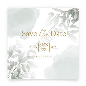 婚礼相册模板保存日期卡 带有水彩绿叶和手工书法的婚礼请柬模板 极简主义风格插画