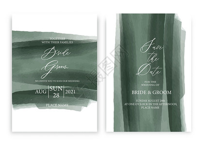 婚礼简约邀请函婚礼请柬海军绿水彩风格合集设计水彩质感背景宣传册请柬模板设计图片