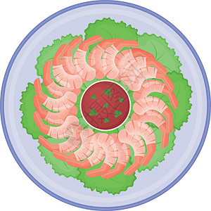 伊势虾在两个熟明亮 美味的煮虾放在圆盘上 上面有绿色的生菜叶和香草酱 盘子顶视图上的虾 孤立在白色背景上的矢量图解插画