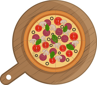 意大利草药美味的意大利比萨饼和西红柿蘑菇香肠 橄榄和草药 都放在圆环切口板上 手柄也不错 这是地中海传统烹饪菜 矢量盘插画