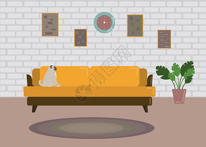 客厅铺砖带黄色沙发的明亮客厅的矢量插图 上面坐着一只哈巴狗 还有花盆里的花和挂在砖墙上的花的照片 明亮的房间里铺着圆形地毯插画