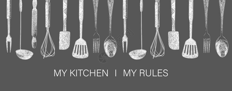 粉笔工具手绘排版海报 我的厨房我的规则木板卡片艺术厨师标签食物餐厅生活职业贴纸插画