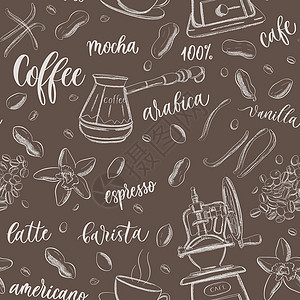 分散的咖啡渣手绘咖啡元素模式标签艺术铅笔墨水绘画麻布纺织品解雇食物乡村设计图片