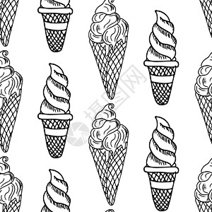 白色奶油冰淇淋用素描样式手画冰淇淋的无缝图案 甜点孤立在白色背景上咖啡店圣代菜单插图香草锥体晶圆奶制品草图涂鸦插画