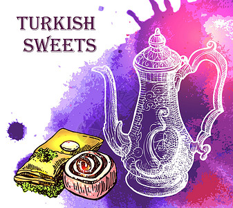 土耳其美食东方糖果插图卡片海报蜂蜜糕点涂鸦甜点榛子绘画草图面包插画