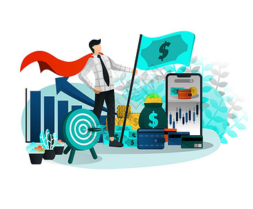 行动英雄拥有辉煌职业和财务的商务人士和企业家超级英雄 货币旗帜和所有目标均已实现 Web 元素 横幅 移动 演示 UI 的矢量插图 平面插画