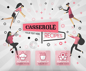 粉红色矢量图的概念 砂锅食谱封面书 健康的烹饪食谱和美味的食物封面可以用于杂志 封面 横幅 网站 食谱 书籍 手机 平面卡通风格背景图片