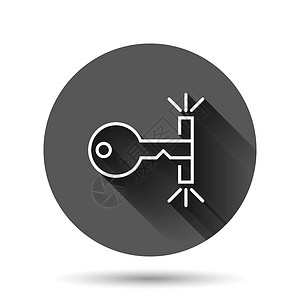 圆方门型素材平面样式的锁定图标 Padlock 密码矢量插图在黑色圆背景上 带有长阴影效果 键解锁圆圈按钮业务概念隐私储物柜秘密技术电脑收藏设计图片