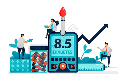 高血糖食物医生和人们用血糖仪检查血糖水平 二型糖尿病检查 非传染性疾病的饮食 检查胰岛素 名片 横幅 小册子 传单的插图设计图片