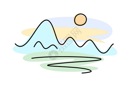 山日落-白色背景上的矢量图 山地景观-细线彩色标志背景图片