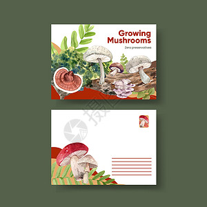 豉油鹅带有蘑菇和森林植物概念的挂卡模板 水彩色风格饮食蔬菜邀请函卡片问候语广告食物菌类季节插图插画