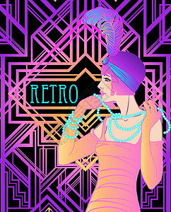 拿着鸡尾酒杯的女性手 装饰艺术 1920 年代风格的复古邀请模板设计 适用于饮料单 酒吧菜单 魅力婚礼 派对传单 霓虹灯颜色的矢背景图片