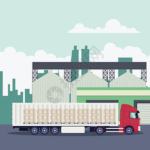 仓库城与集装箱卡车一起的工业运输后勤服务插画