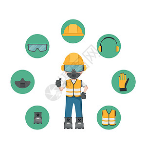 劳动装备图标使用您的个人防护设备和工业安全图标进行人员设计面具危险眼镜插图商业建造卡通片承包商工程师修理工设计图片