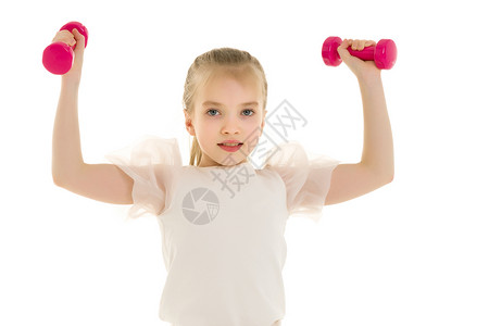 小女孩和哑铃一起锻炼运动训练微笑姿势权重娱乐女孩活力力量肌肉练习背景图片